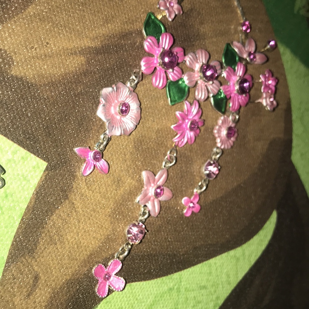 Pink Flowers Rhinestone Drop Layered Set NWOT - Picture 6 of 17